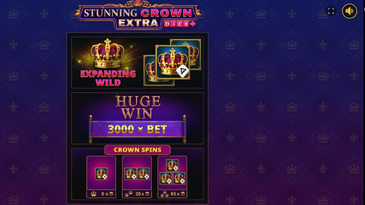 Interface do jogo de slot Stunning Crown Extra Dice com coroas e joias brilhantes