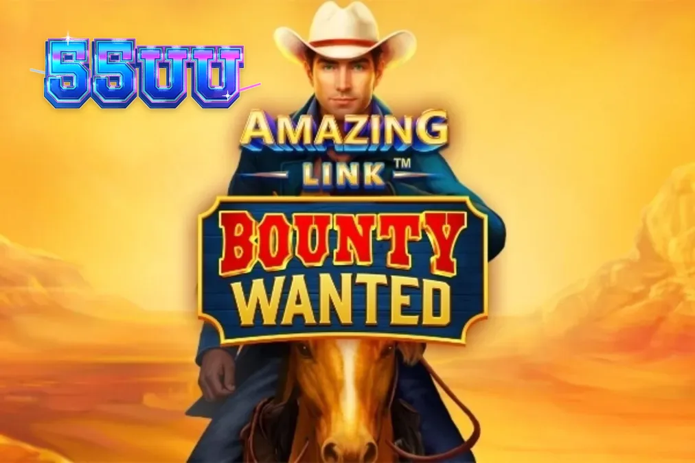 Cena do jogo Amazing Link Bounty Wanted, com um cenário de deserto dourado e carretéis azuis, destacando as silhuetas de pistoleiros.